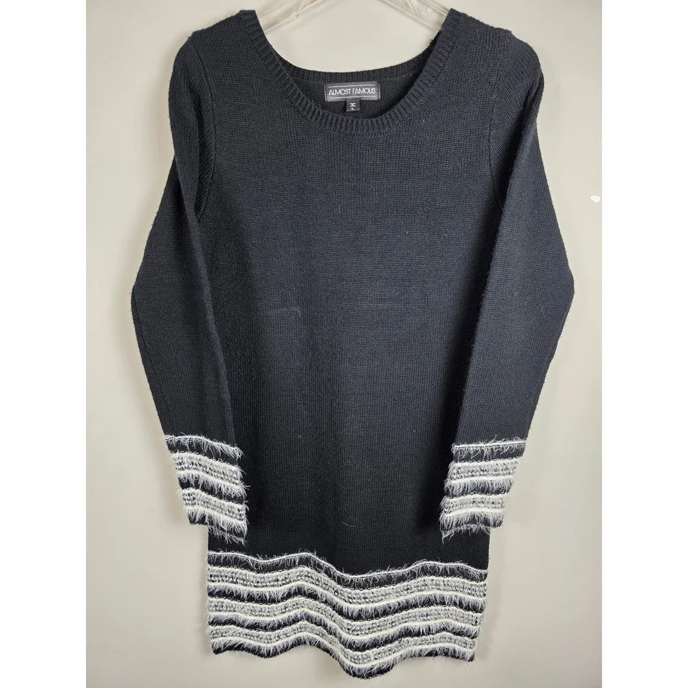 Almost‎ Famous Womens Sz L Striped Eyelash Knit Sweater Dress Chunky